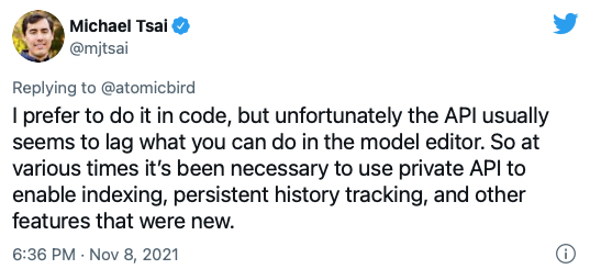 I prefer to do it in code, but unfortunately the API usually seems to lag what you can do in the model editor. So at various times it’s been necessary to use private API to enable indexing, persistent history tracking, and other features that were new.